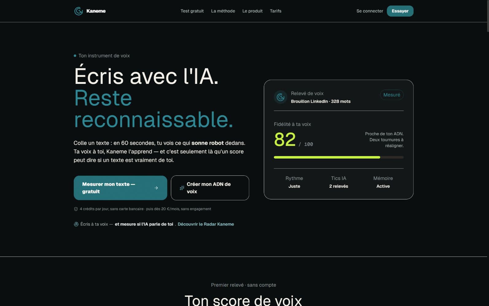 Page d’accueil Kaneme avec un relevé de voix et un score de fidélité